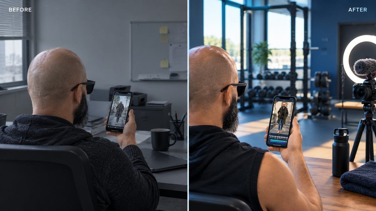 Before and after: Michael Stoev, from an office job and raw footage to a studio setup with professionally edited reels