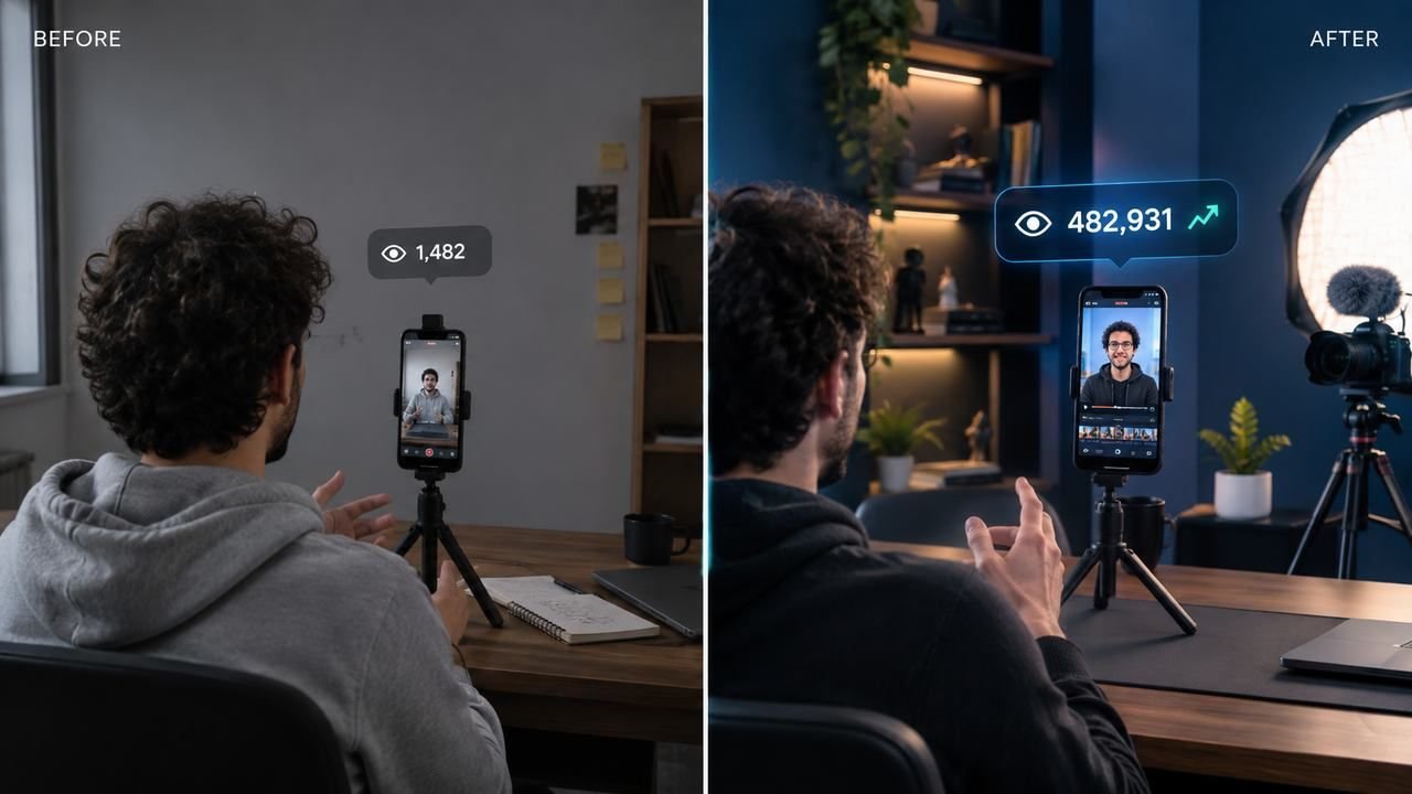 Before and after: Volga Can Kaya, from a home camera setup with 1,482 views to a studio setup and a large audience